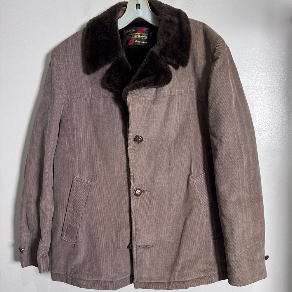 Sears The Mens Store Corduroy Faux Fur Collar Outerwear Jacket Coat 44 XL‎